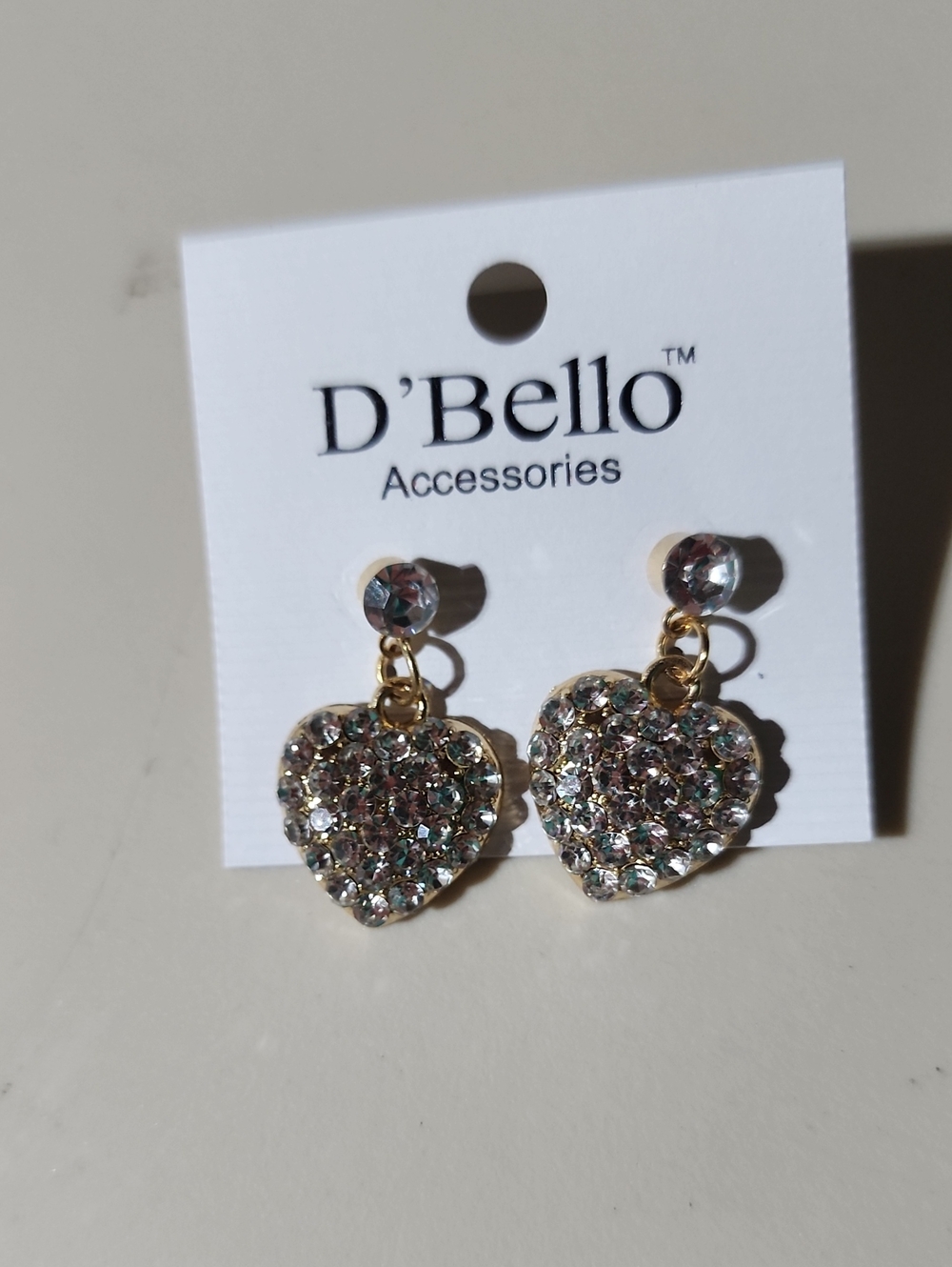 Gold Toned Heart Drop Earrings with Sparkling Clear Crystals